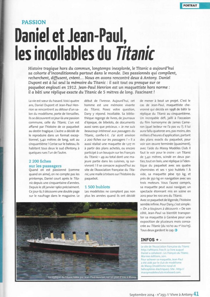 Article "Daniel et Jean-Paul, les incollables du Titanic"