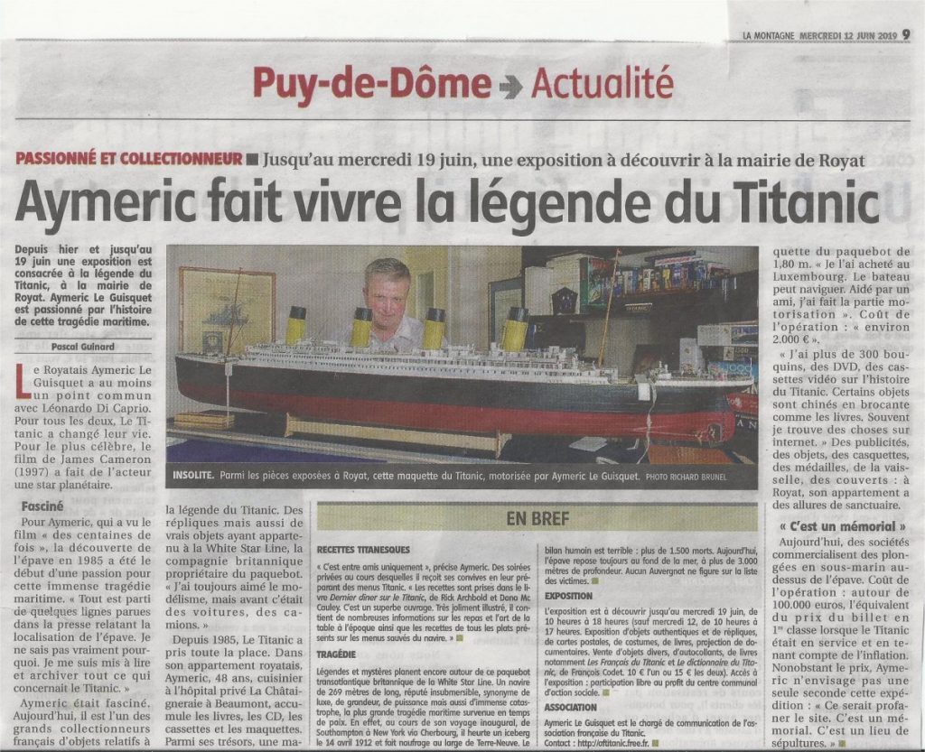 Article "Aymeric fait vivre la légende du Titanic.