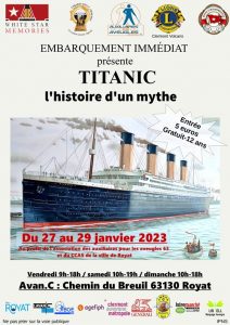 Lire la suite à propos de l’article Exposition Titanic à Royat du 25 au 29 janvier 2023