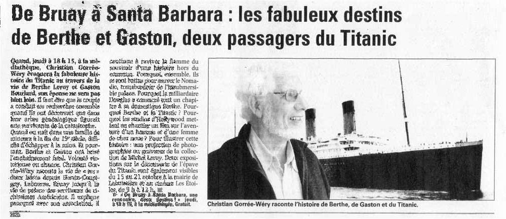 Article "De Bruay à Santa Barbara : les fabuleux destins de Berthe et Gaston, deux passagers du Titanic."