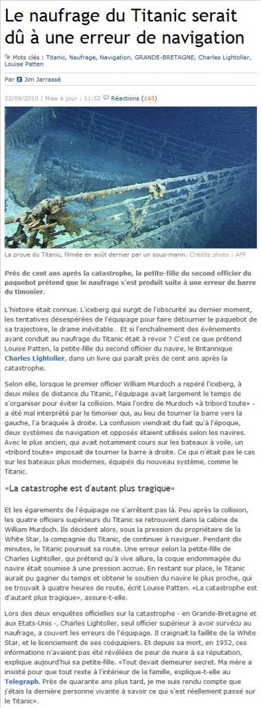 Article "Le naufrage du Titanic serait dû à une erreur de navigation.