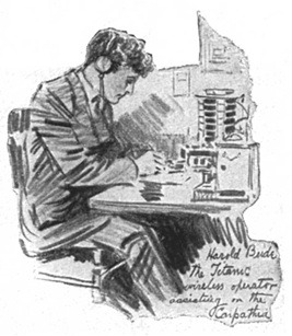 « Harold Bride, l’opérateur radio du Titanic porte assistance à bord du Carpathia ». Dessin réalisé par Louis F. Grant, vers 1915 (collection Günter Bäbler, ZA14j).