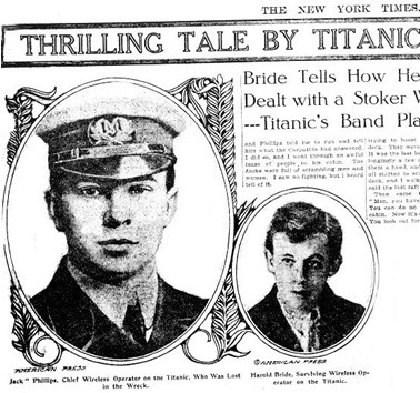 La célèbre interview donnée par Harold Bride le 18 avril 1912 au soir au New York Times, qui fit couler beaucoup d’encre. A la demande du public, l’interview fut à nouveau publiée le 28 avril 1912. Le témoignage de Bride est une source précieuse d’informations même si certaines données doivent être vérifiées, corrigées ou même simplement écartées. (Collection privée, document publié sur Encyclopedia Titanica)