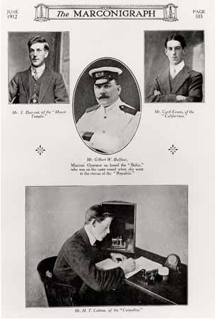 Les portraits des opérateurs Marconi concernés par le naufrage du Titanic, publiés en juin 1912 dans le magazine The Marconigraph (collection privée).