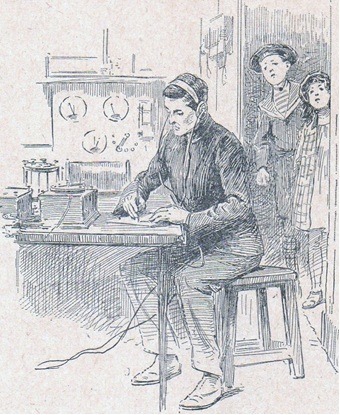La cabine de télégraphie du Titanic imaginée par J. Jacquin et A. Fabre en 1913 dans leur roman Les petits naufragés du Titanic (illustration de G. Dutriac, collection Olivier Mendez)