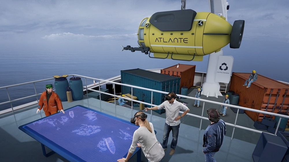 Sur le pont du navire d'exploration, des figures avec un casque en réalité virtuelle observent le plan de l'épave tandis qu'un sous-marin les surplombe.